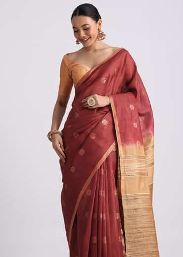 Brown Spun Silk Saree With Woven Butti Work