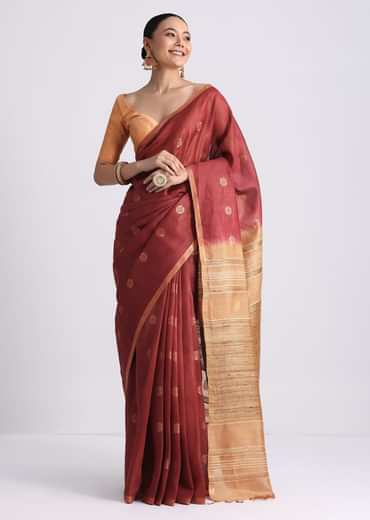 Brown Spun Silk Saree With Woven Butti Work