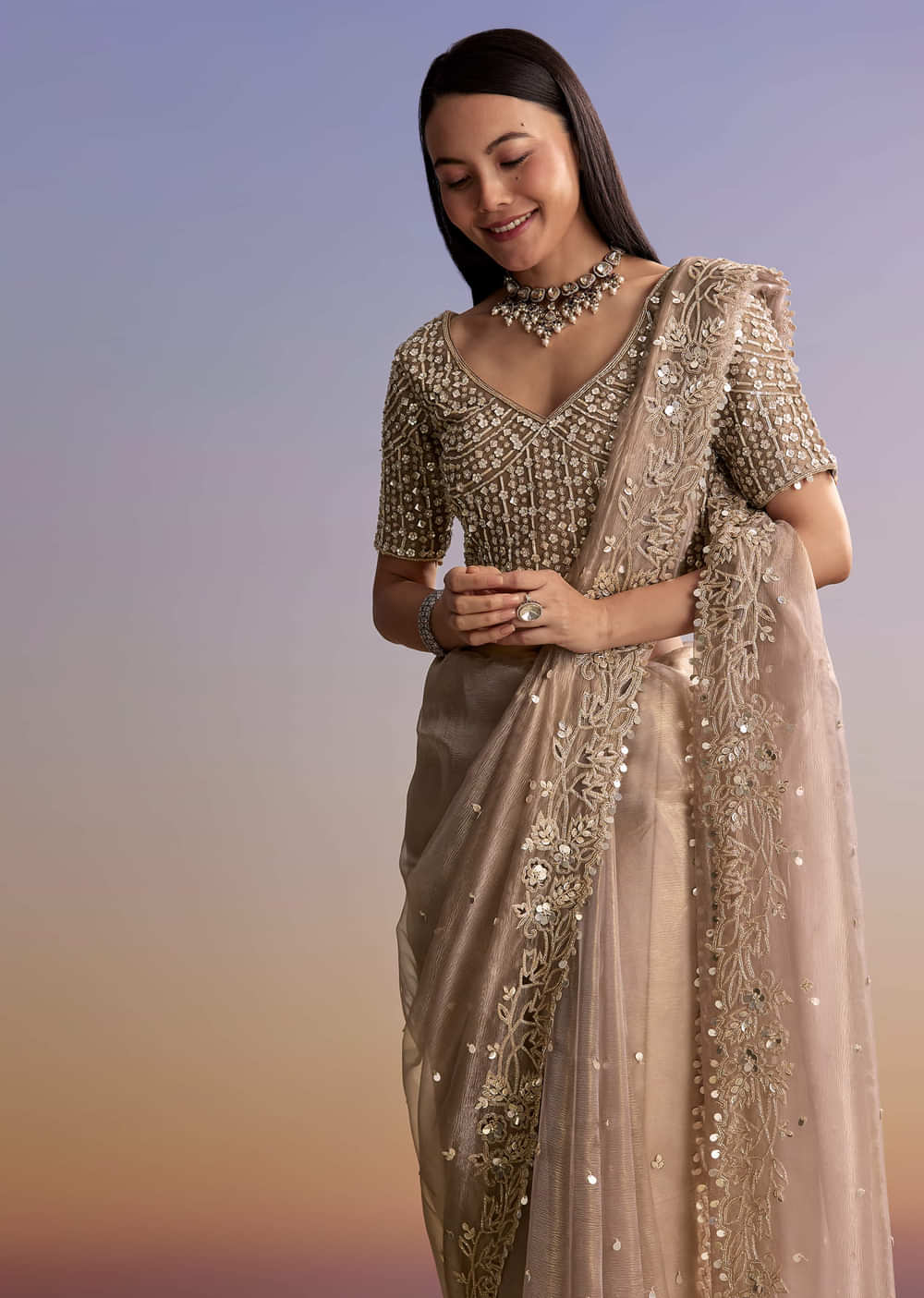 Brown Tissue Embroidered Saree With Resham And Sequin Work