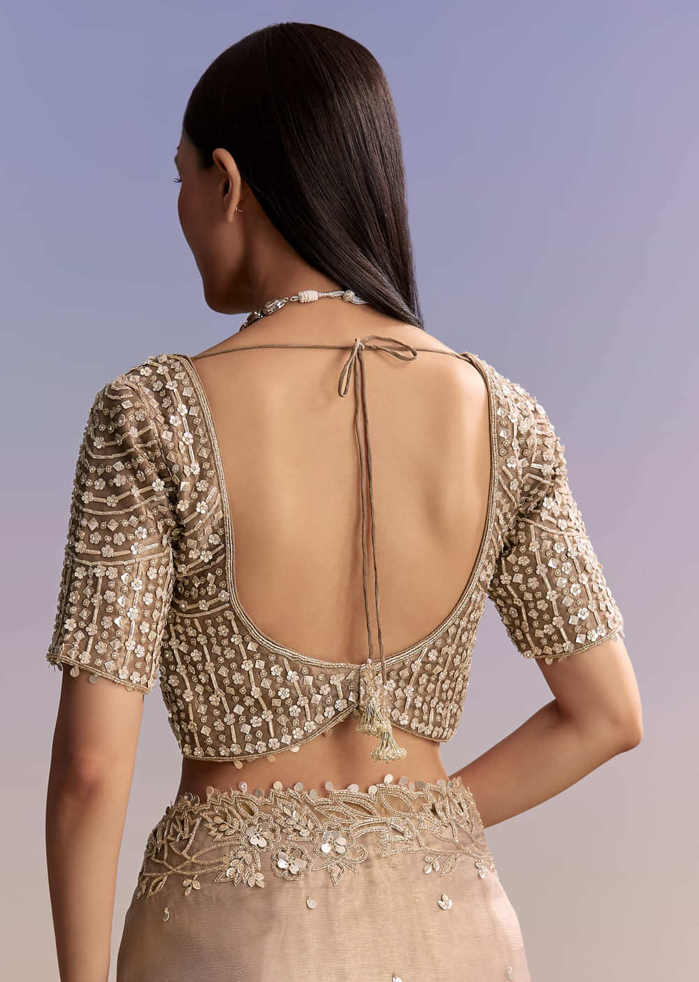 Brown Tissue Embroidered Saree With Resham And Sequin Work