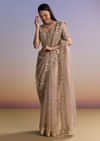 Brown Tissue Embroidered Saree With Resham And Sequin Work