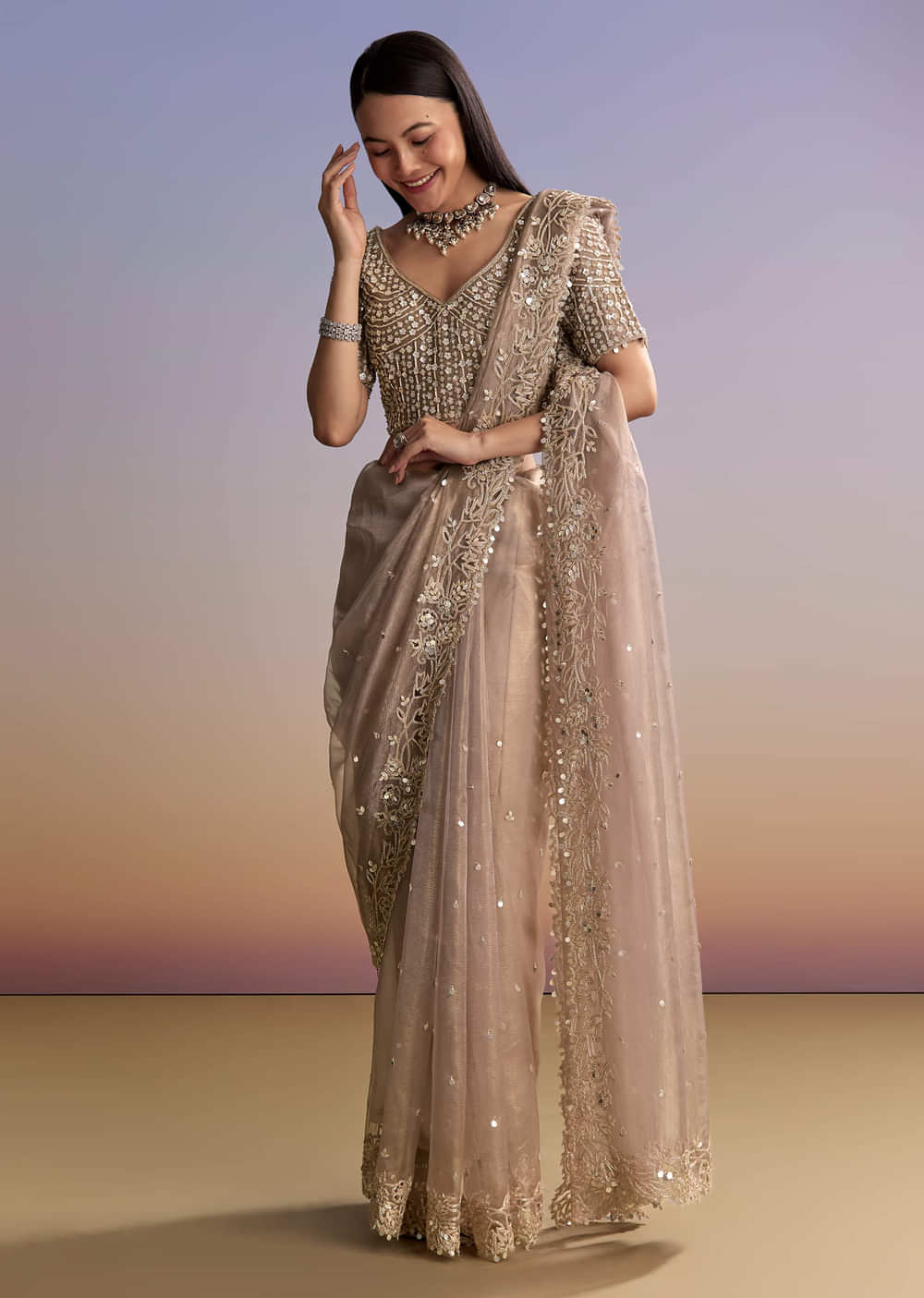 Brown Tissue Embroidered Saree With Resham And Sequin Work