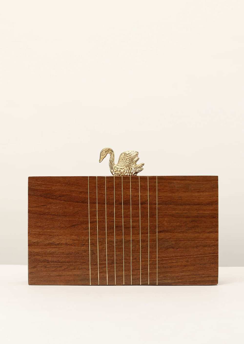 Brown Wood Box Clutch With Golden Swan Clasp And Metal Accented Stripes
