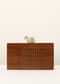 Brown Wood Box Clutch With Golden Swan Clasp And Metal Accented Stripes