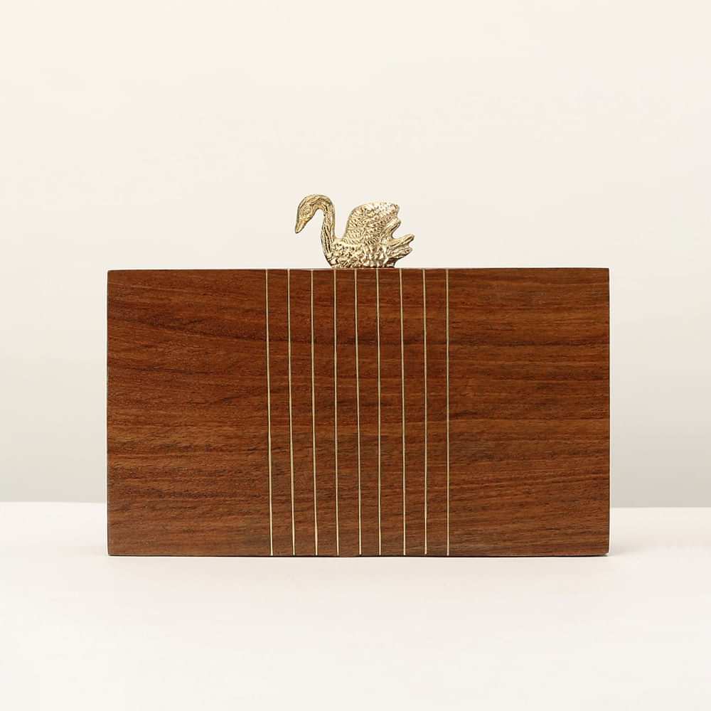 Brown Wood Box Clutch With Golden Swan Clasp And Metal Accented Stripes