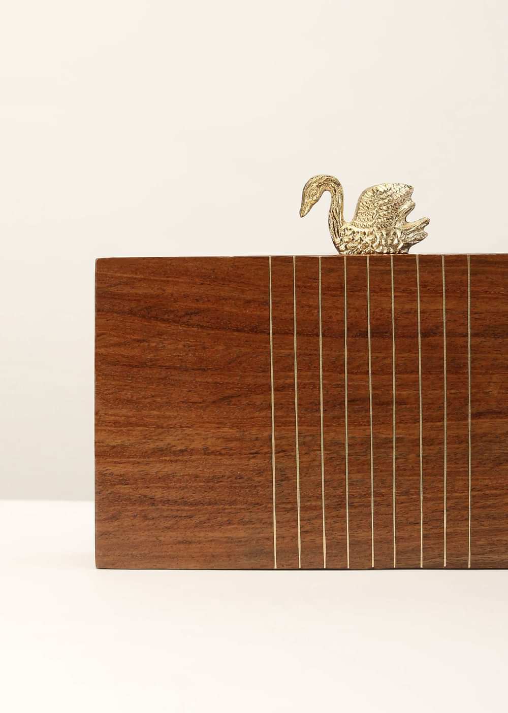 Brown Wood Box Clutch With Golden Swan Clasp And Metal Accented Stripes