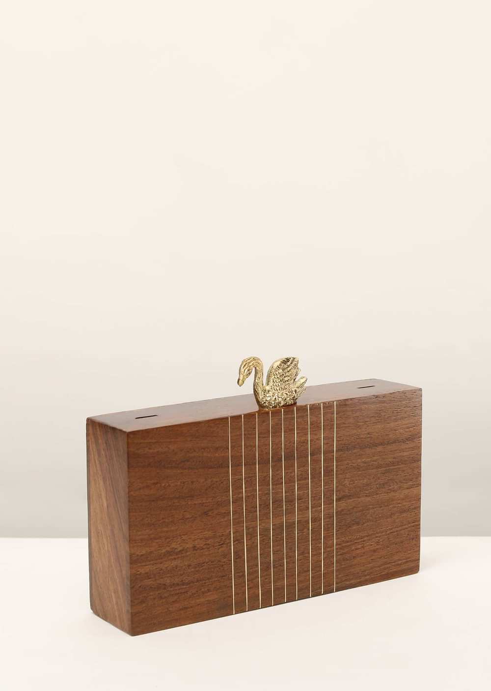 Brown Wood Box Clutch With Golden Swan Clasp And Metal Accented Stripes