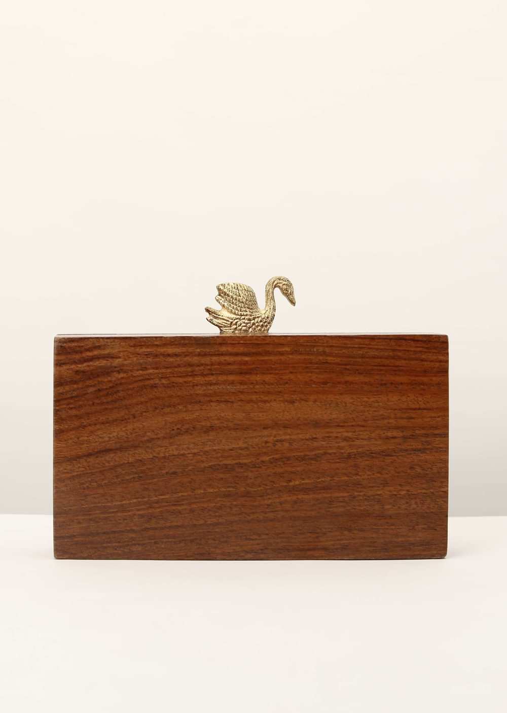 Brown Wood Box Clutch With Golden Swan Clasp And Metal Accented Stripes