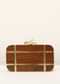 Brown Wood Box Clutch With Rounded Edges And Metal Accented Checks
