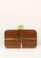 Brown Wood Box Clutch With Rounded Edges And Metal Accented Cross