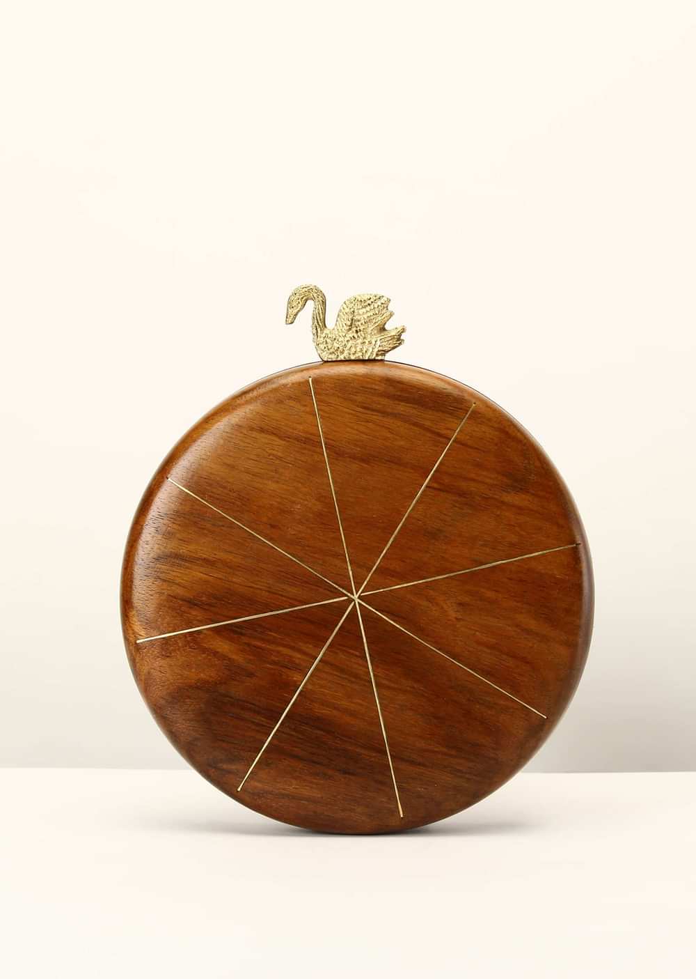 Brown Wood Round Clutch With Golden Swan Clasp And Metal Accented Criss Cross Stripes
