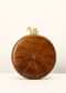 Brown Wood Round Clutch With Golden Swan Clasp And Metal Accented Criss Cross Stripes