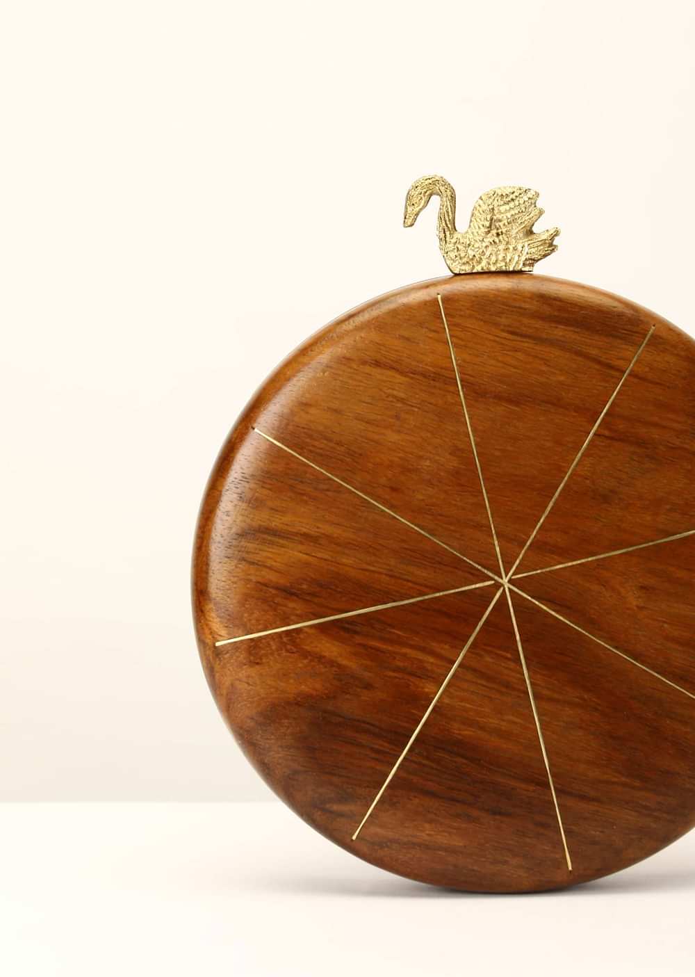 Brown Wood Round Clutch With Golden Swan Clasp And Metal Accented Criss Cross Stripes