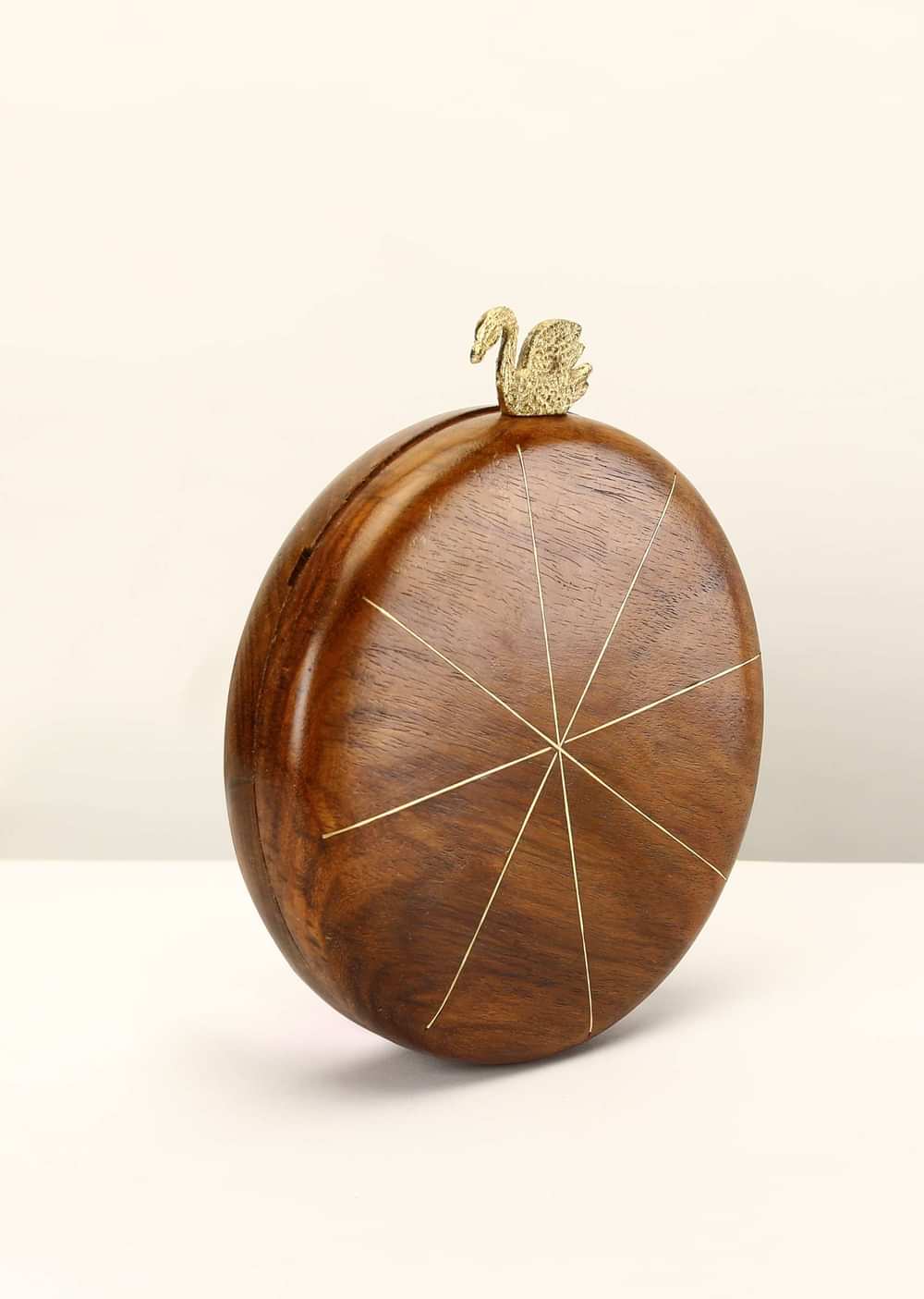 Brown Wood Round Clutch With Golden Swan Clasp And Metal Accented Criss Cross Stripes