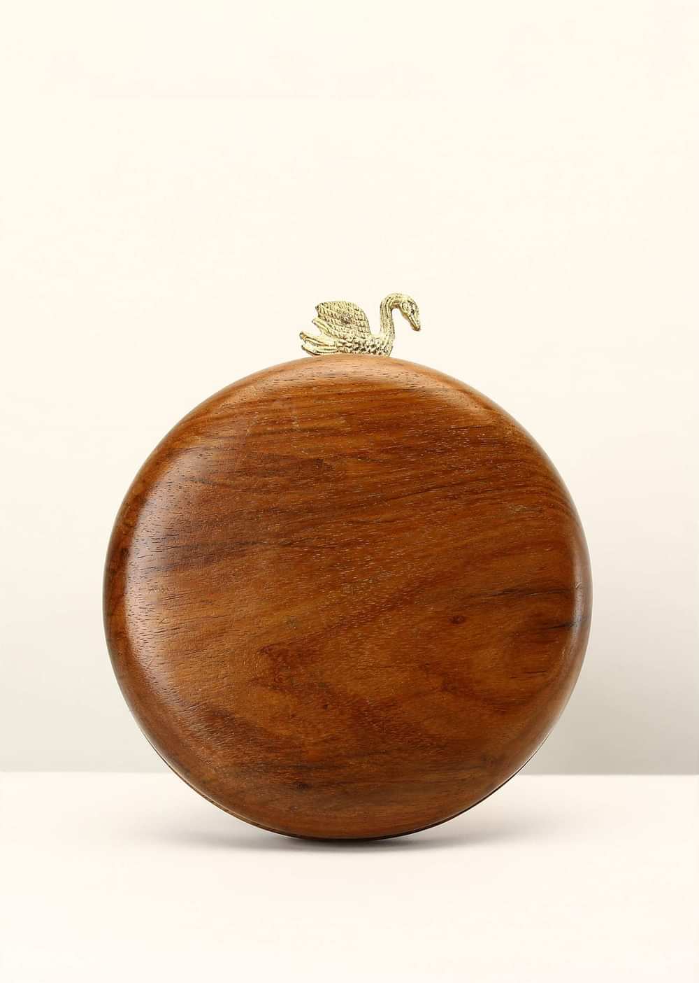 Brown Wood Round Clutch With Golden Swan Clasp And Metal Accented Criss Cross Stripes