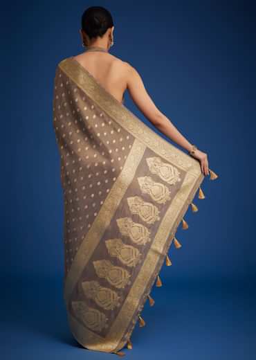 Brownish Grey Tissue Silk Saree With Zari Border And Butti Work
