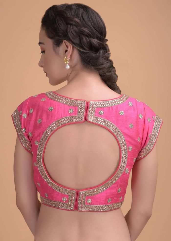 Bubblegum Pink Blouse In Raw Silk With Kundan And Zardosi Embellished Floral Buttis Online - Kalki Fashion