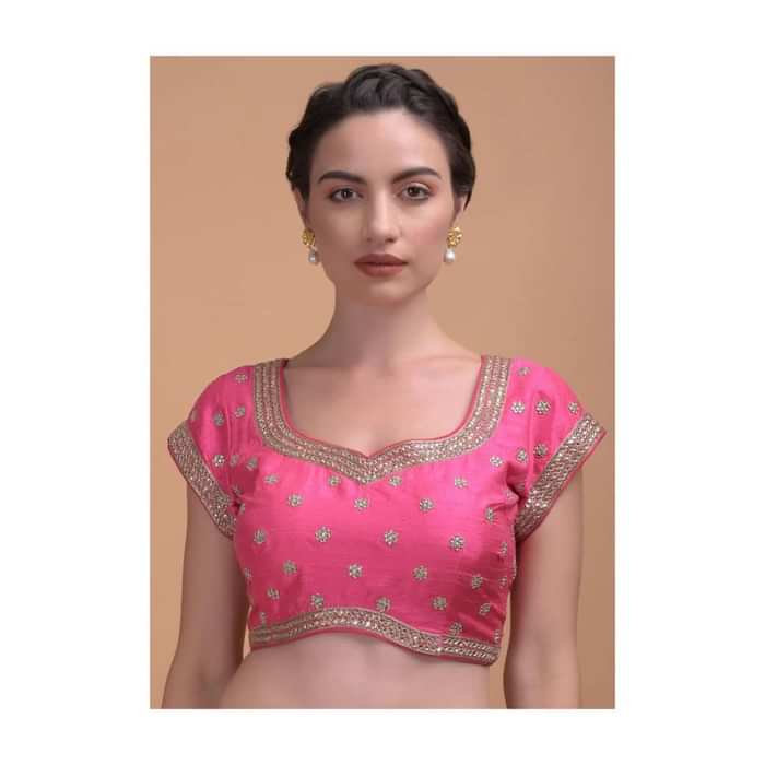 Bubblegum Pink Blouse In Raw Silk With Kundan And Zardosi Embellished Floral Buttis Online - Kalki Fashion
