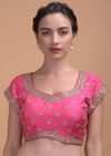Bubblegum Pink Blouse In Raw Silk With Kundan And Zardosi Embellished Floral Buttis Online - Kalki Fashion