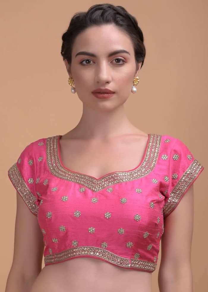 Bubblegum Pink Blouse In Raw Silk With Kundan And Zardosi Embellished Floral Buttis Online - Kalki Fashion
