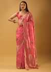 Bubblegum Pink Saree In Organza With Multi Colored Woven Floral Jaal And Moroccan Motifs On The Pallu
