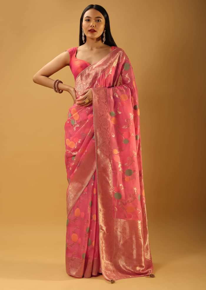 Bubblegum Pink Saree In Organza With Multi Colored Woven Floral Jaal And Moroccan Motifs On The Pallu