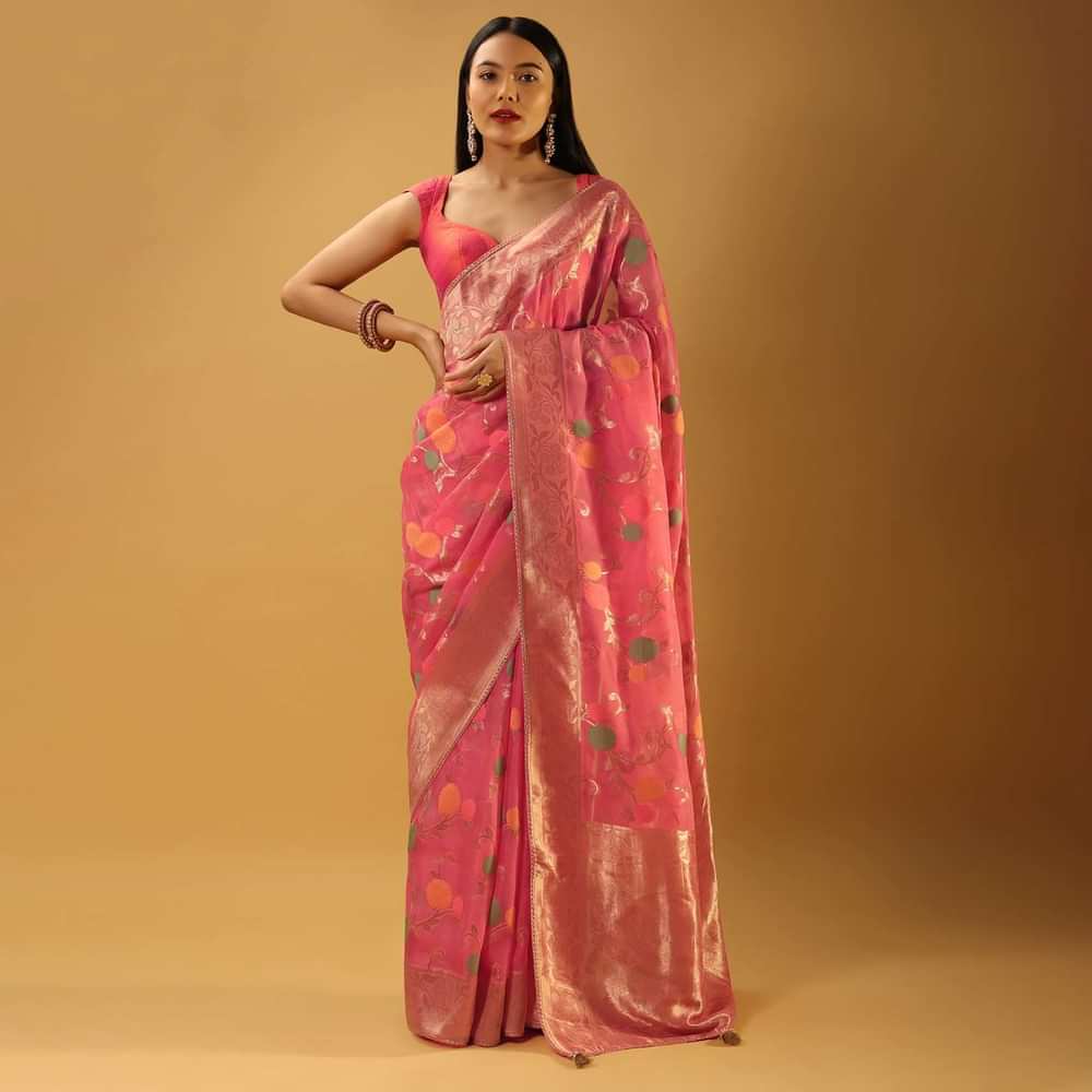 Bubblegum Pink Saree In Organza With Multi Colored Woven Floral Jaal And Moroccan Motifs On The Pallu