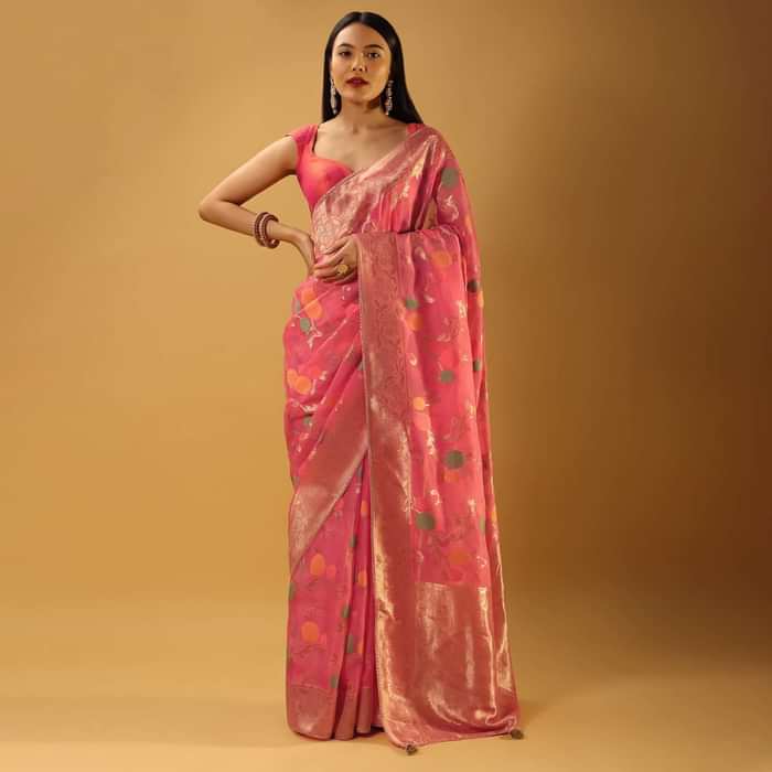 Bubblegum Pink Saree In Organza With Multi Colored Woven Floral Jaal And Moroccan Motifs On The Pallu