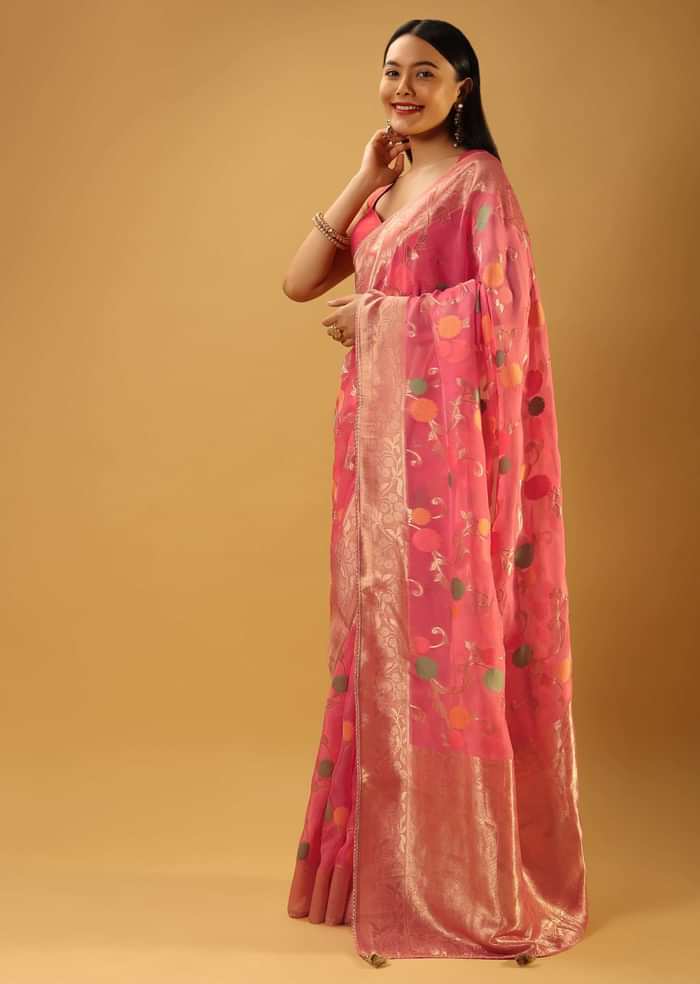Bubblegum Pink Saree In Organza With Multi Colored Woven Floral Jaal And Moroccan Motifs On The Pallu