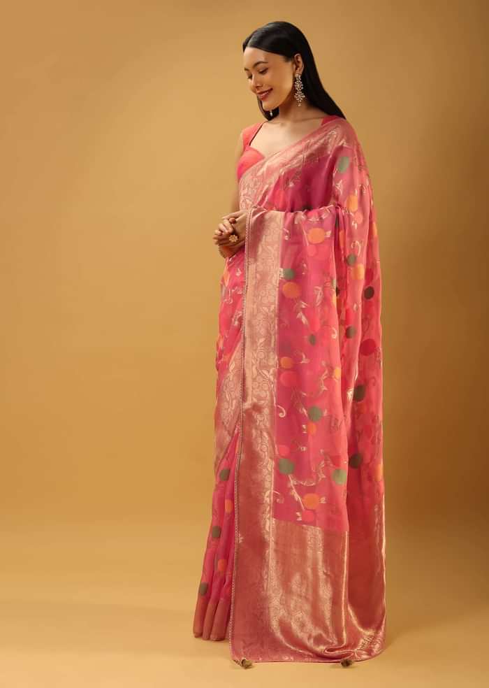 Bubblegum Pink Saree In Organza With Multi Colored Woven Floral Jaal And Moroccan Motifs On The Pallu