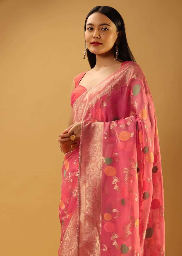Bubblegum Pink Saree In Organza With Multi Colored Woven Floral Jaal And Moroccan Motifs On The Pallu