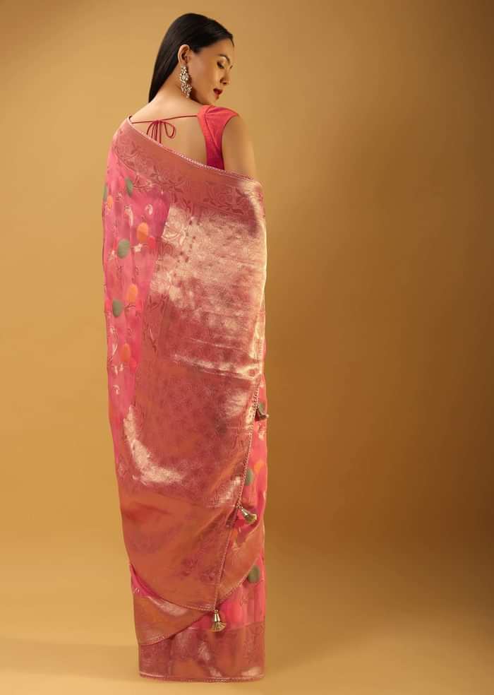 Bubblegum Pink Saree In Organza With Multi Colored Woven Floral Jaal And Moroccan Motifs On The Pallu