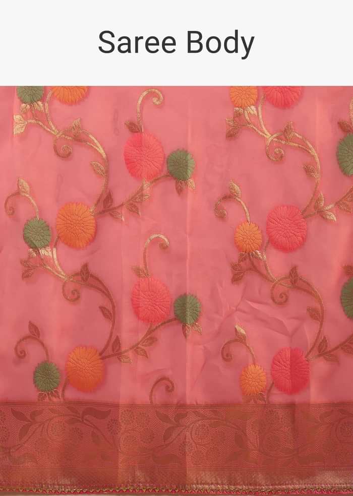 Bubblegum Pink Saree In Organza With Multi Colored Woven Floral Jaal And Moroccan Motifs On The Pallu