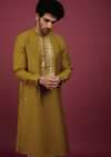 Yellow Silk Kurta Set In Leather Work On Yoke