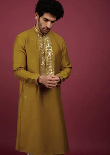 Yellow Silk Kurta Set In Leather Work On Yoke
