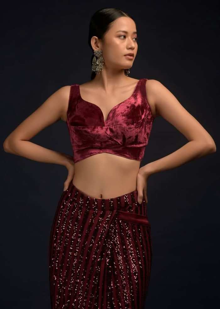 Burgundy Red Ready Pleated Saree In Net With Sequin Embellished Stripes And Matching Velvet Crop Top