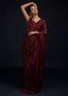 Burgundy Red Ready Pleated Saree In Net With Sequin Embellished Stripes And Matching Velvet Crop Top