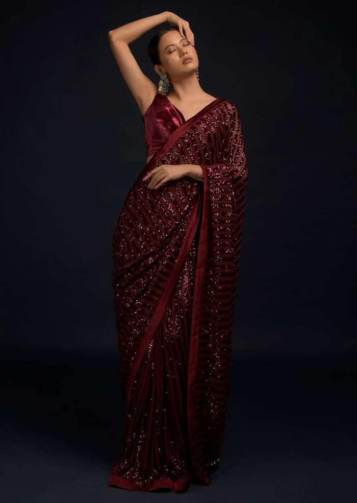 Burgundy Red Ready Pleated Saree In Net With Sequin Embellished Stripes And Matching Velvet Crop Top