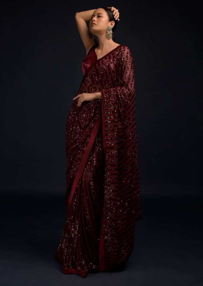 Burgundy Red Ready Pleated Saree In Net With Sequin Embellished Stripes And Matching Velvet Crop Top
