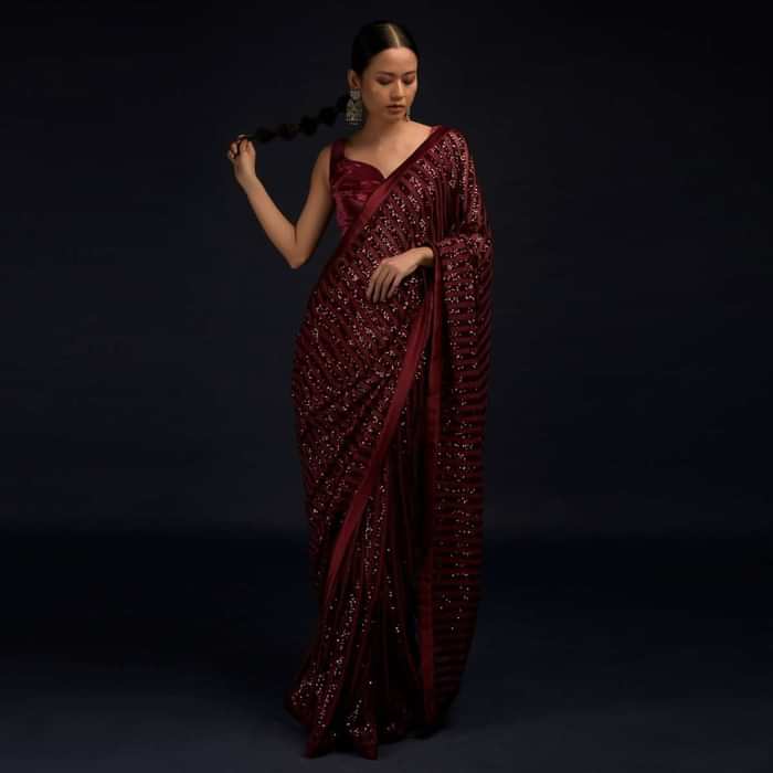 Burgundy Red Ready Pleated Saree In Net With Sequin Embellished Stripes And Matching Velvet Crop Top