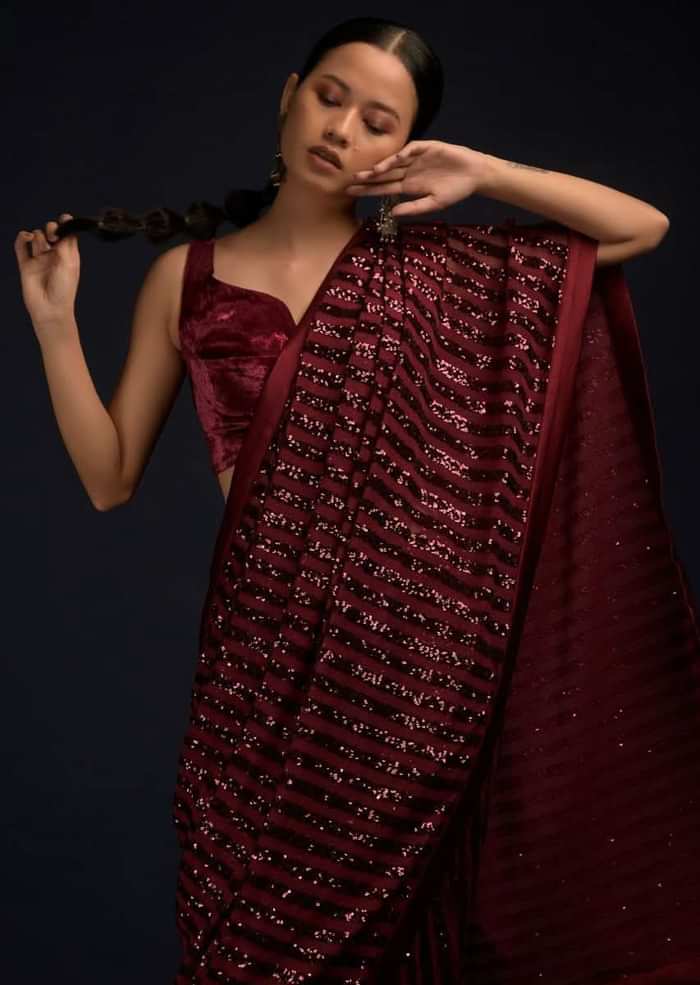 Burgundy Red Ready Pleated Saree In Net With Sequin Embellished Stripes And Matching Velvet Crop Top