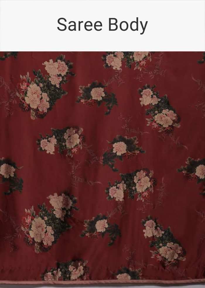 Burgundy Saree In Satin With Floral Print And Sequins Embellished Crop Top