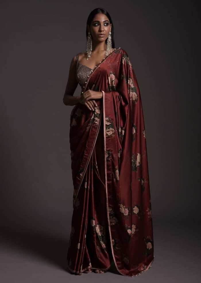 Burgundy Saree In Satin With Floral Print And Sequins Embellished Crop Top