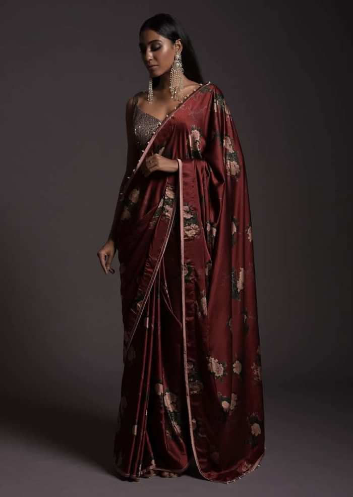 Burgundy Saree In Satin With Floral Print And Sequins Embellished Crop Top