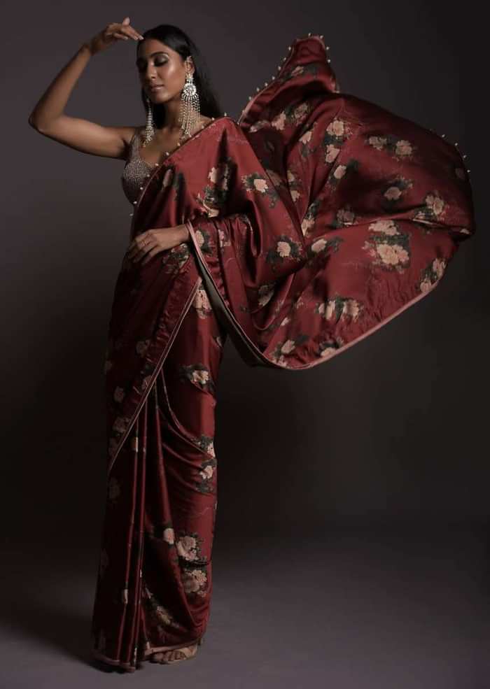 Burgundy Saree In Satin With Floral Print And Sequins Embellished Crop Top