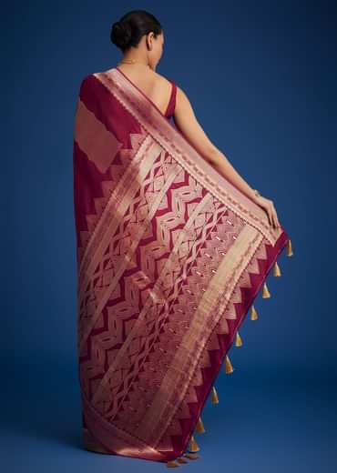 Burgundy Pink Dola Silk Saree With All Over Zari Work