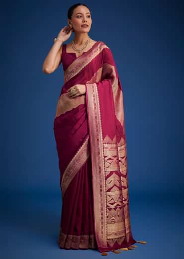 Burgundy Pink Dola Silk Saree With All Over Zari Work