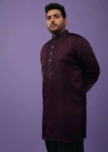 Burgundy Purple Lucknowi Embroidered Kurta In Mini Silk