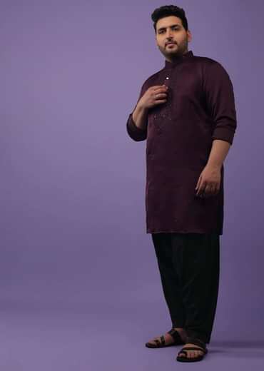 Burgundy Purple Lucknowi Embroidered Kurta In Mini Silk