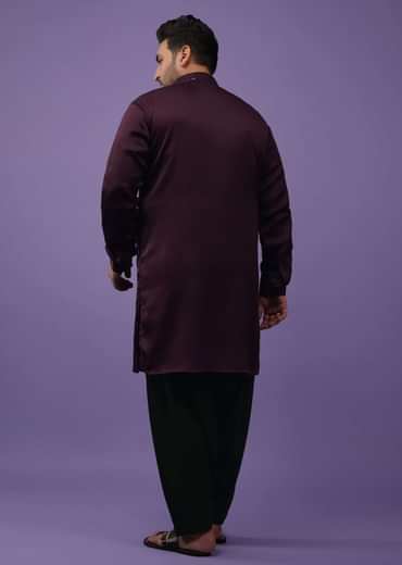 Burgundy Purple Lucknowi Embroidered Kurta In Mini Silk